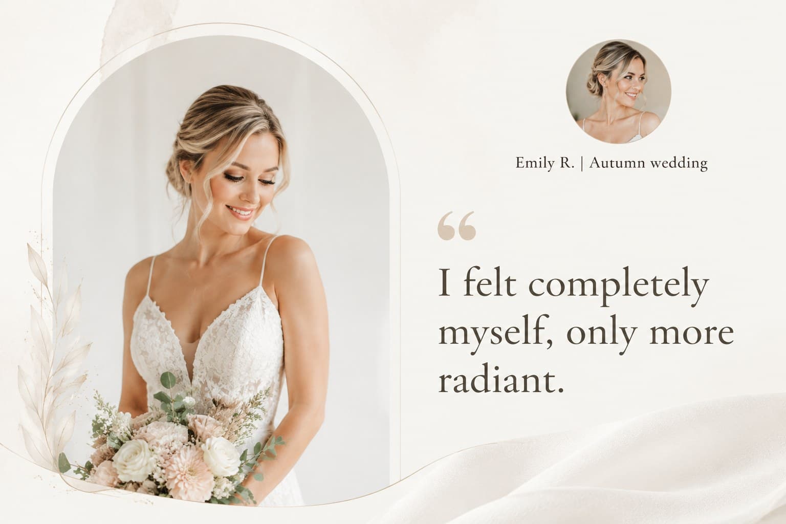 Bridal makeup testimonial slide combining a client quote with a softly framed wedding portrait.