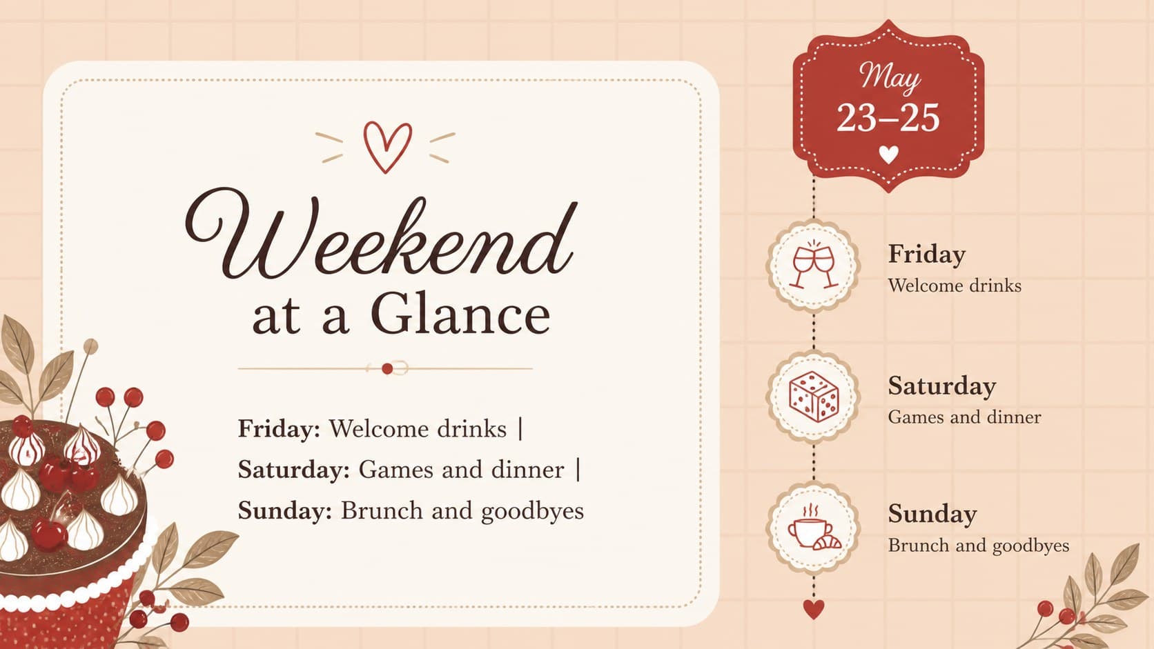 Bridal weekend itinerary slide showing a graceful schedule layout in a pastel wedding celebration presentation.