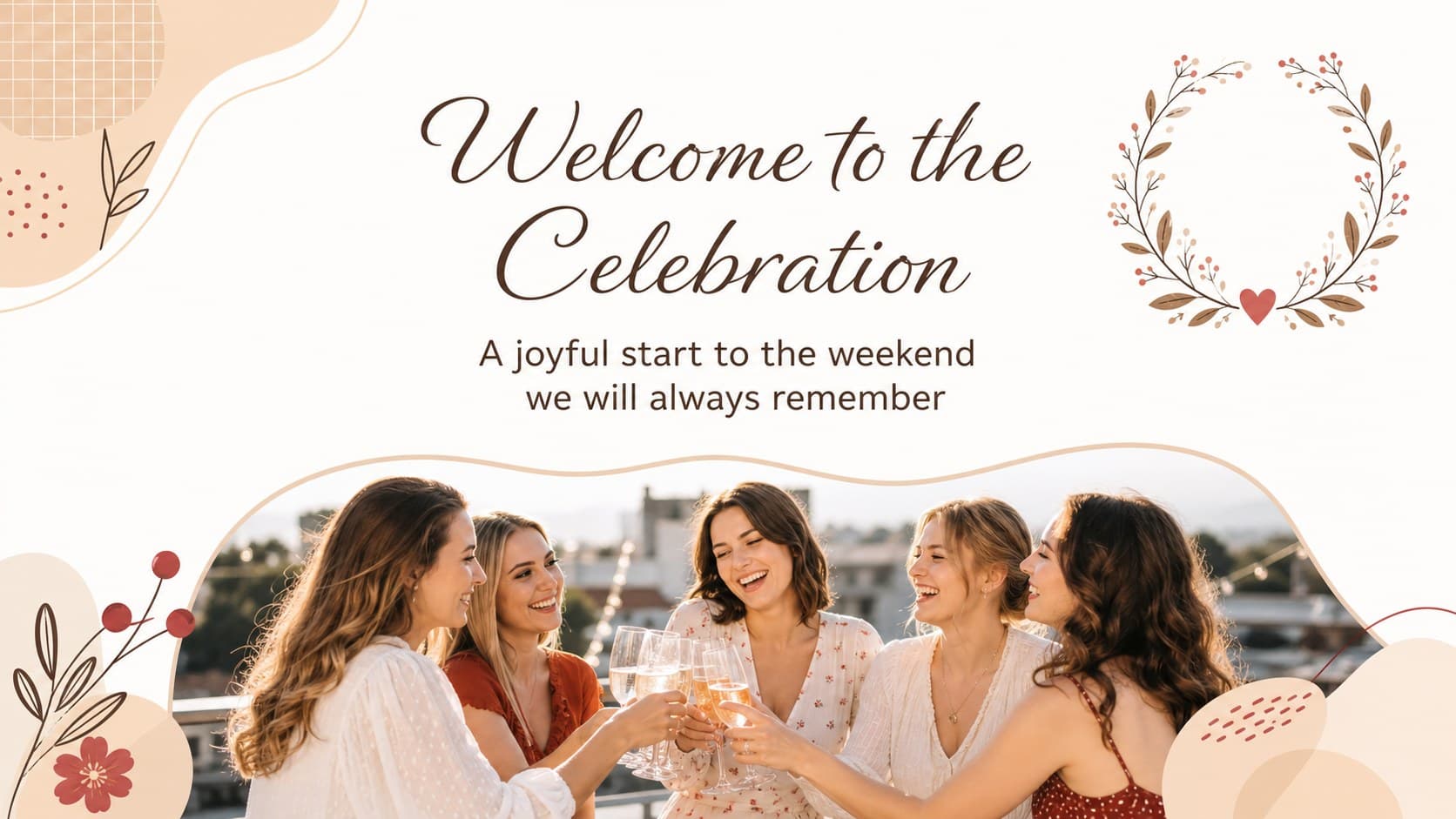 Welcome page for a bridal shower presentation with a pastel cream background and illustrated berry accents.