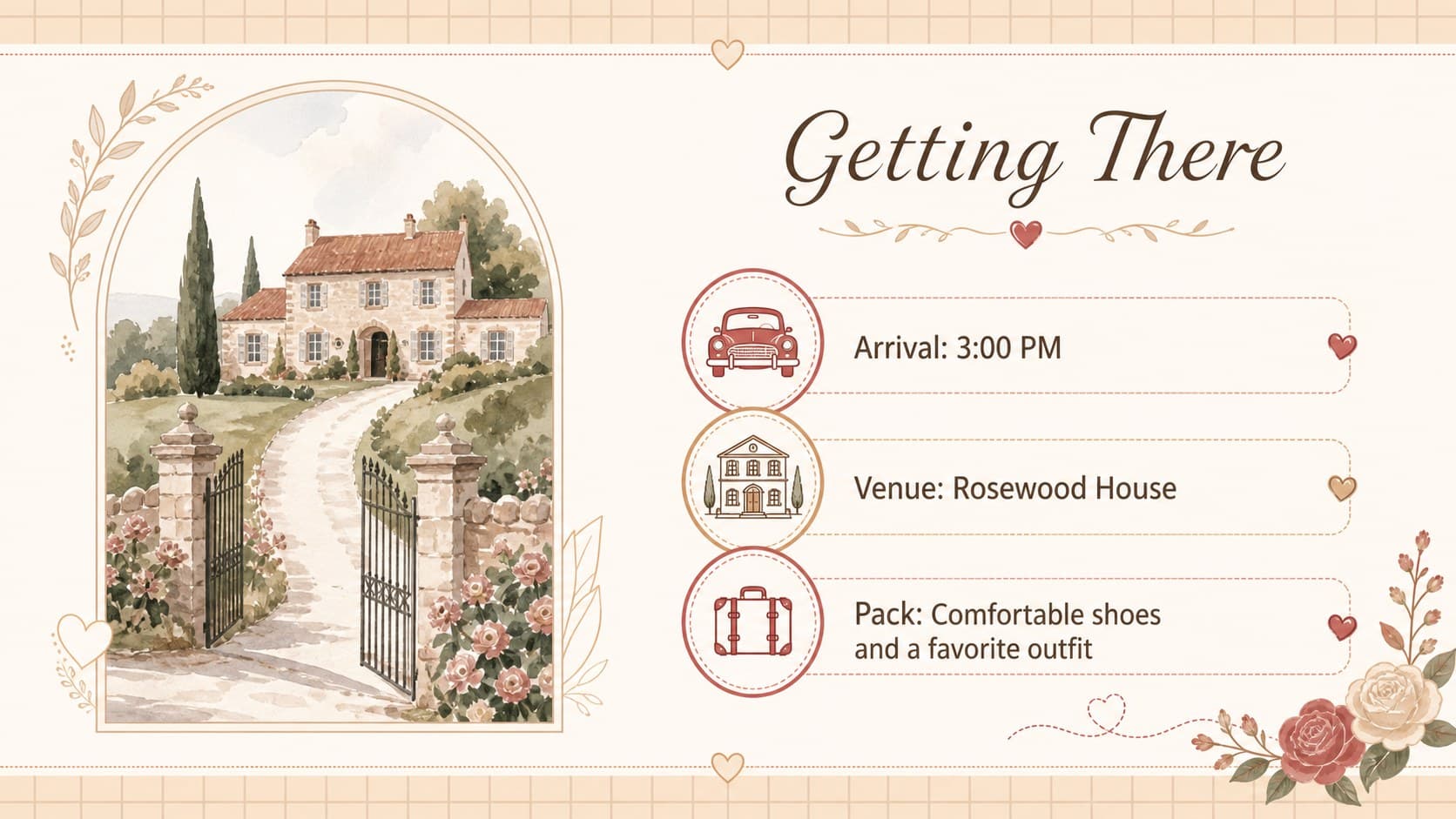 Travel and venue information slide for a cute wedding itinerary PowerPoint in soft cream, brown, and red.