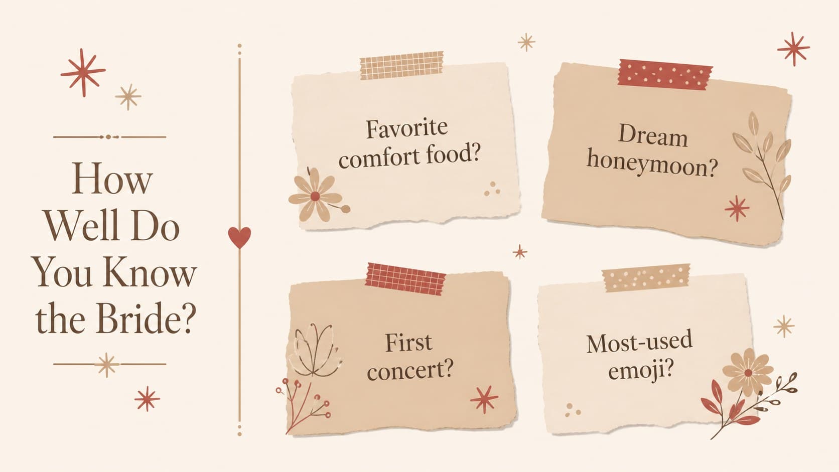 Bridal party game slide featuring question prompts in a warm pastel wedding presentation design.