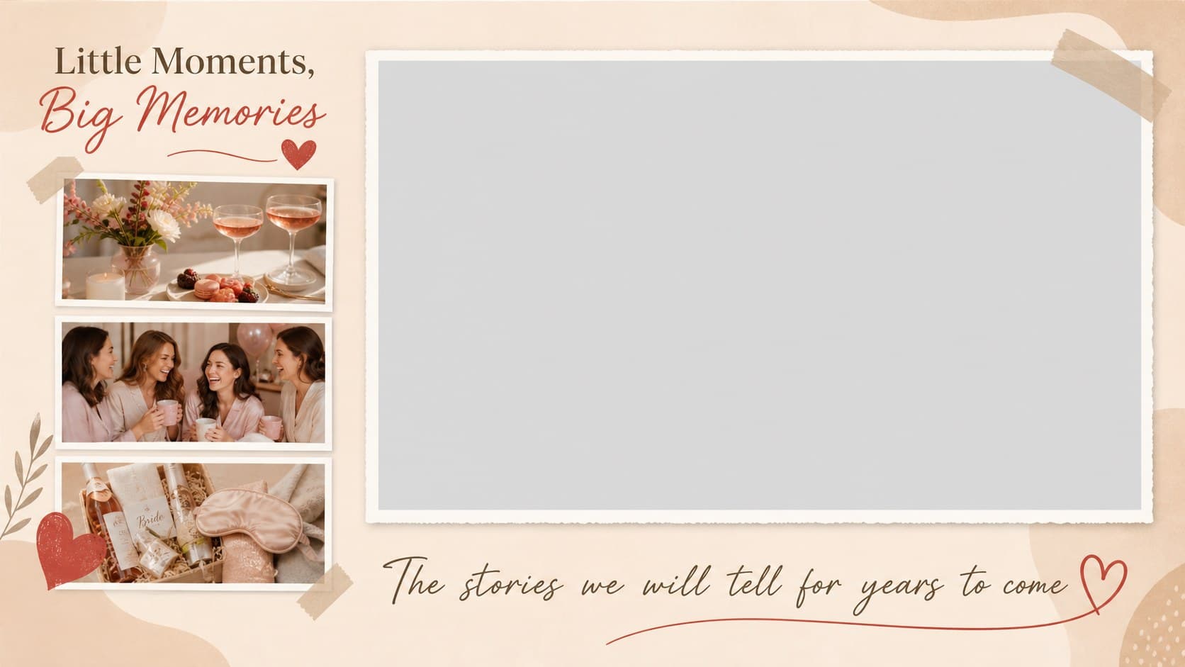 Photo collage page for a bridal memory slideshow with pastel frames and illustrated wedding accents.
