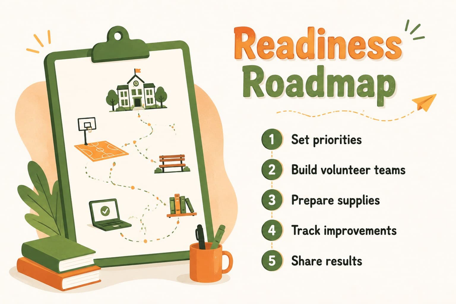Agenda slide outlining school readiness priorities, volunteer roles, supplies, and progress reporting.