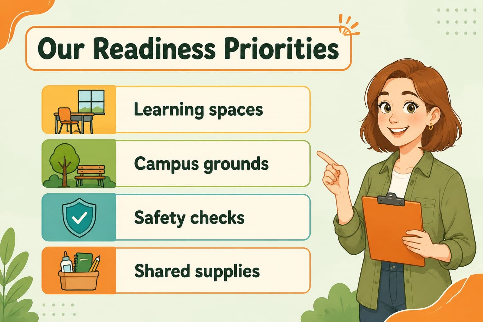 School readiness priorities slide showing classrooms, grounds, safety, and learning materials as key focus areas.