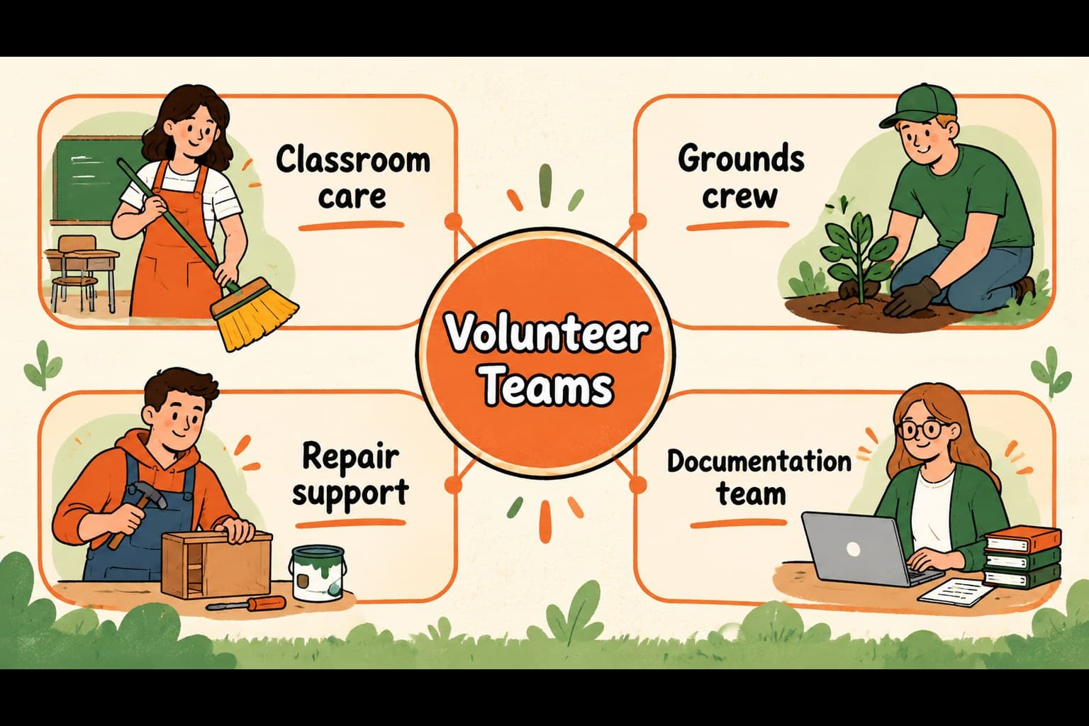 Volunteer coordination slide mapping school teams to cleanup and maintenance responsibilities.