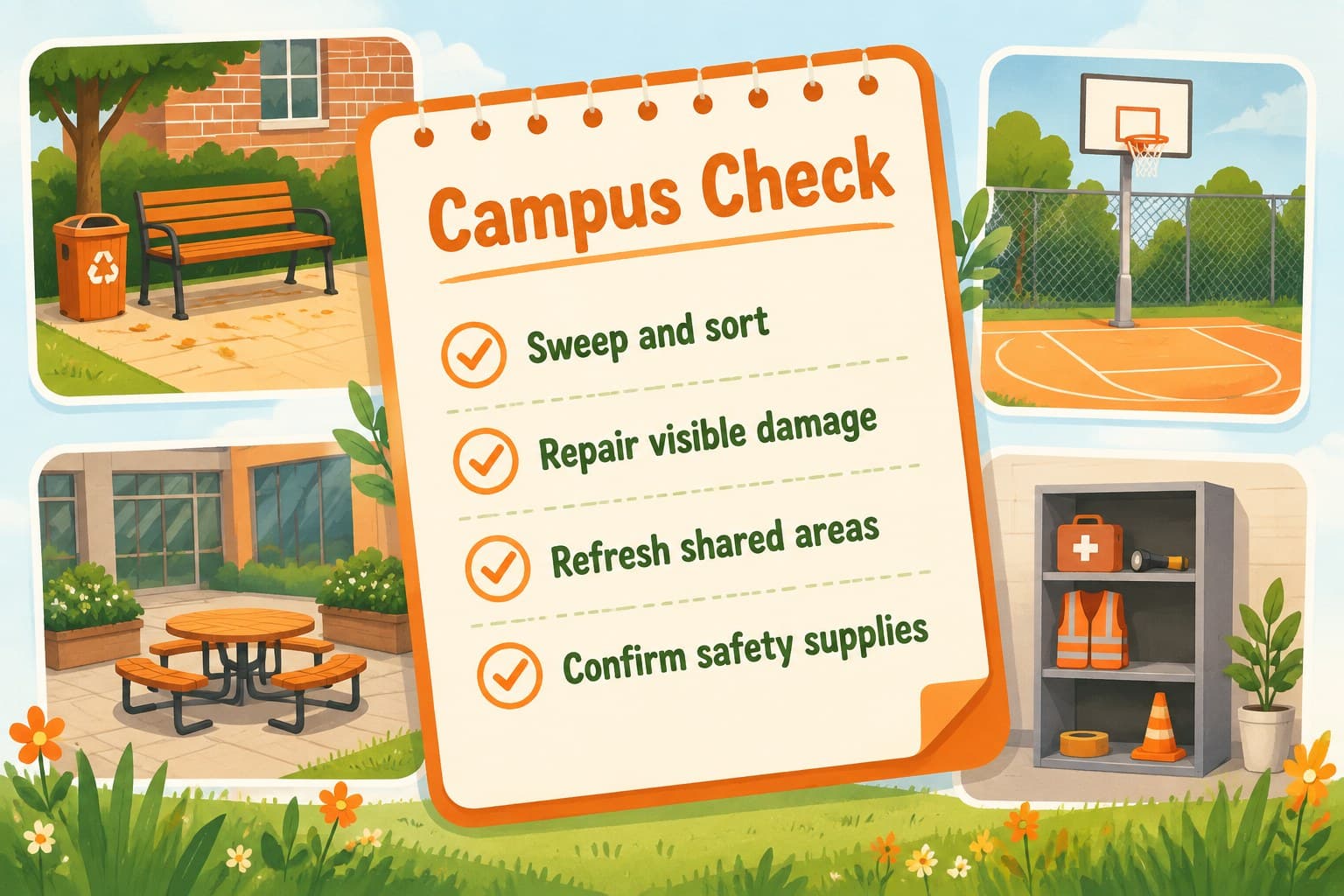 Campus maintenance checklist slide with editable tasks for rooms, grounds, equipment, and safety areas.