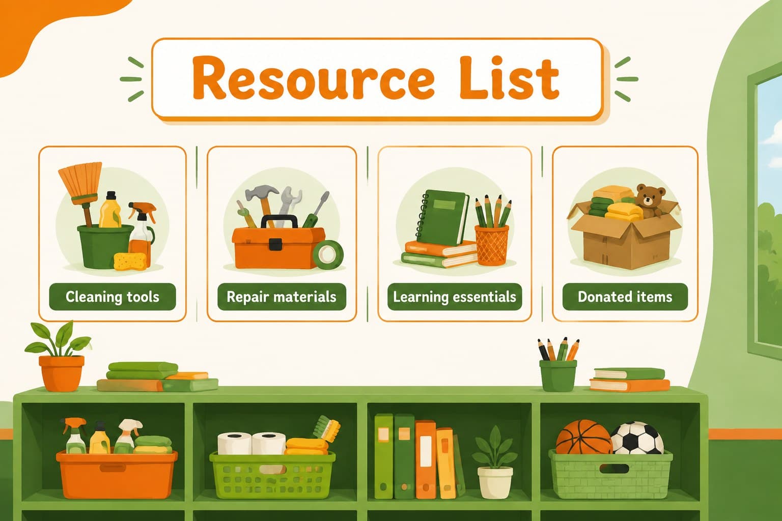 Supplies planning slide organizing tools, cleaning materials, paint, and donated resources for school preparation.