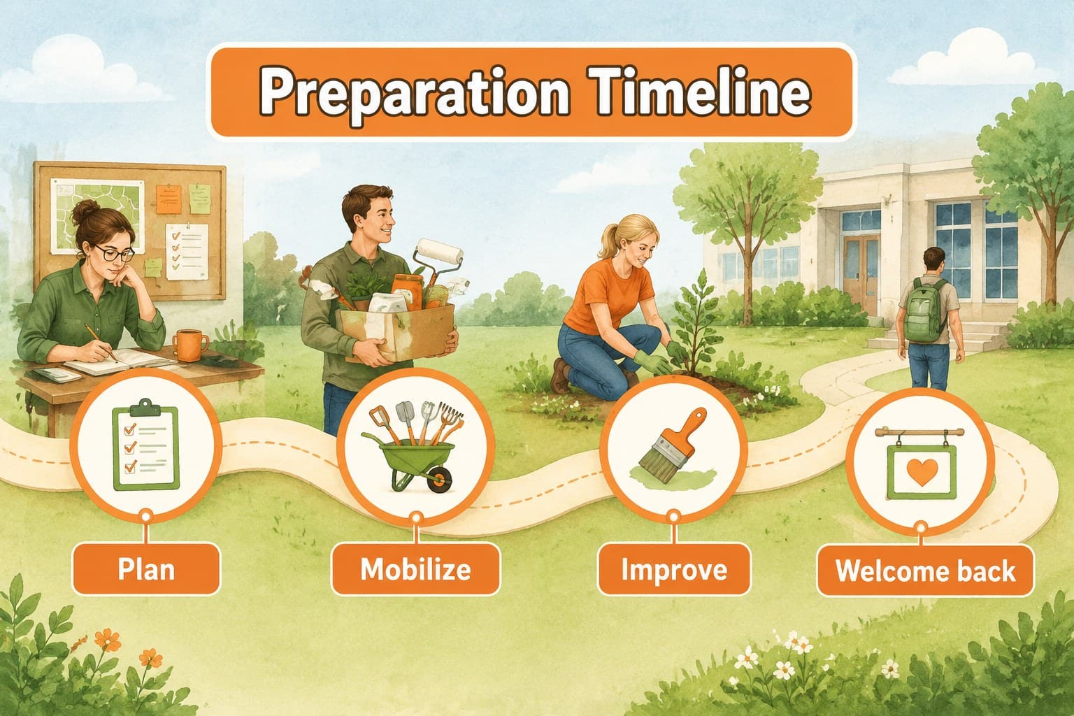 School cleanup campaign timeline slide showing preparation, action days, inspection, and handover milestones.
