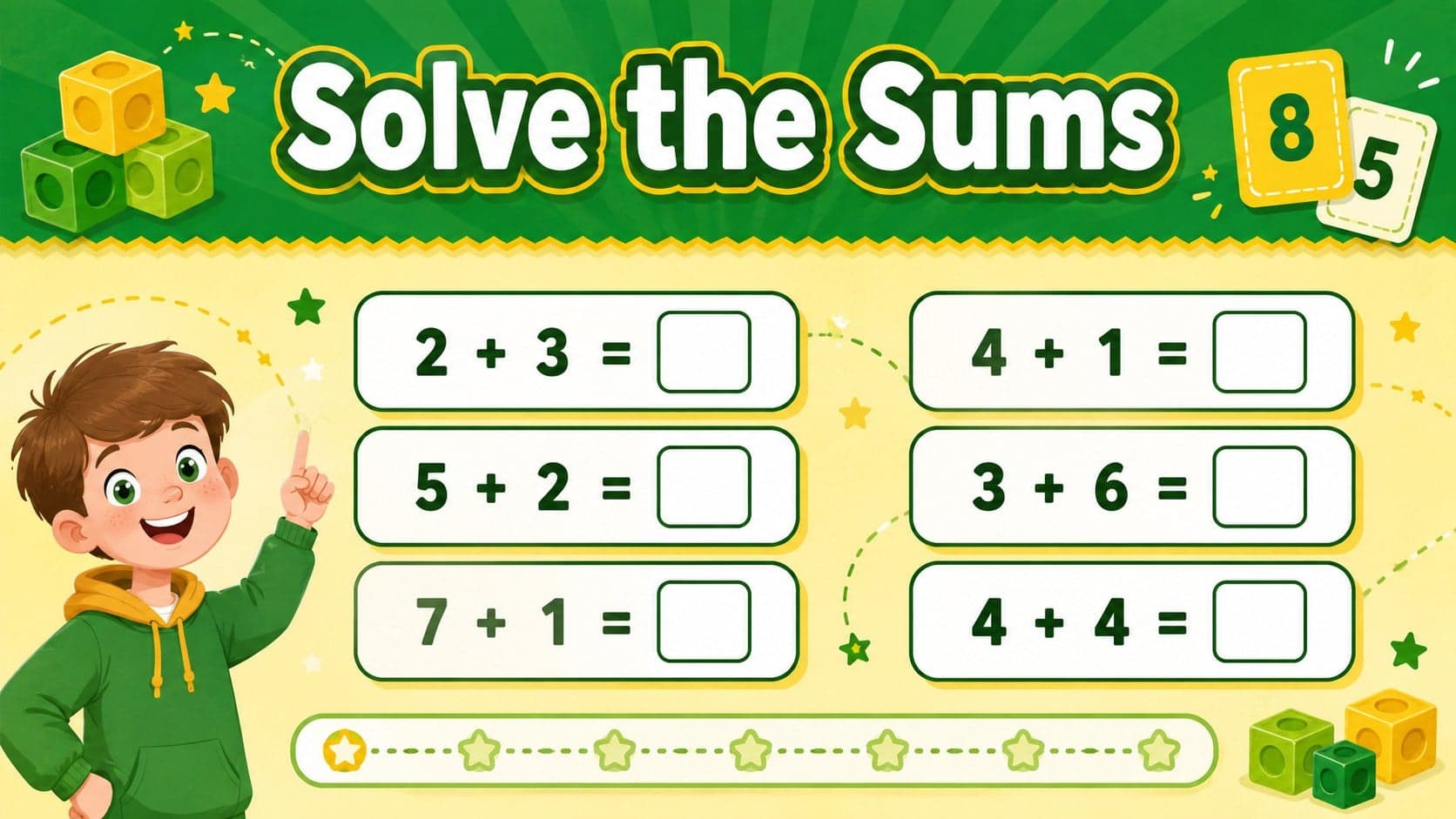 Green and yellow first-grade addition facts practice sheet featuring basic sums and clear answer spaces.