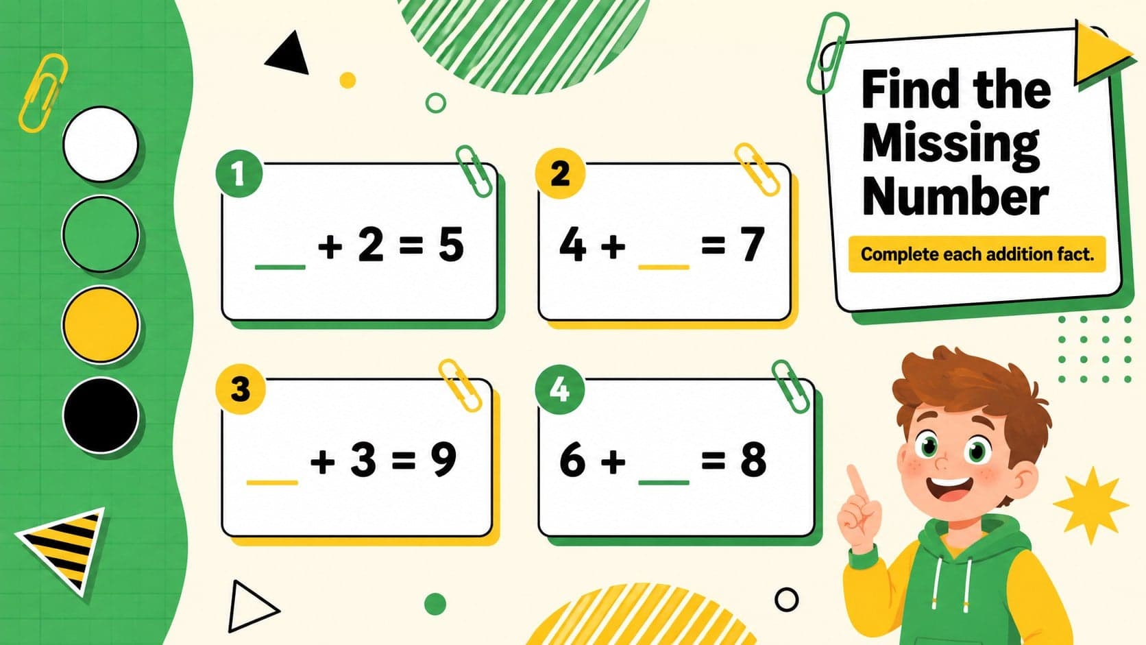 Missing-addend early math activity deck slide with colorful shapes, number bonds, and fill-in answer boxes.