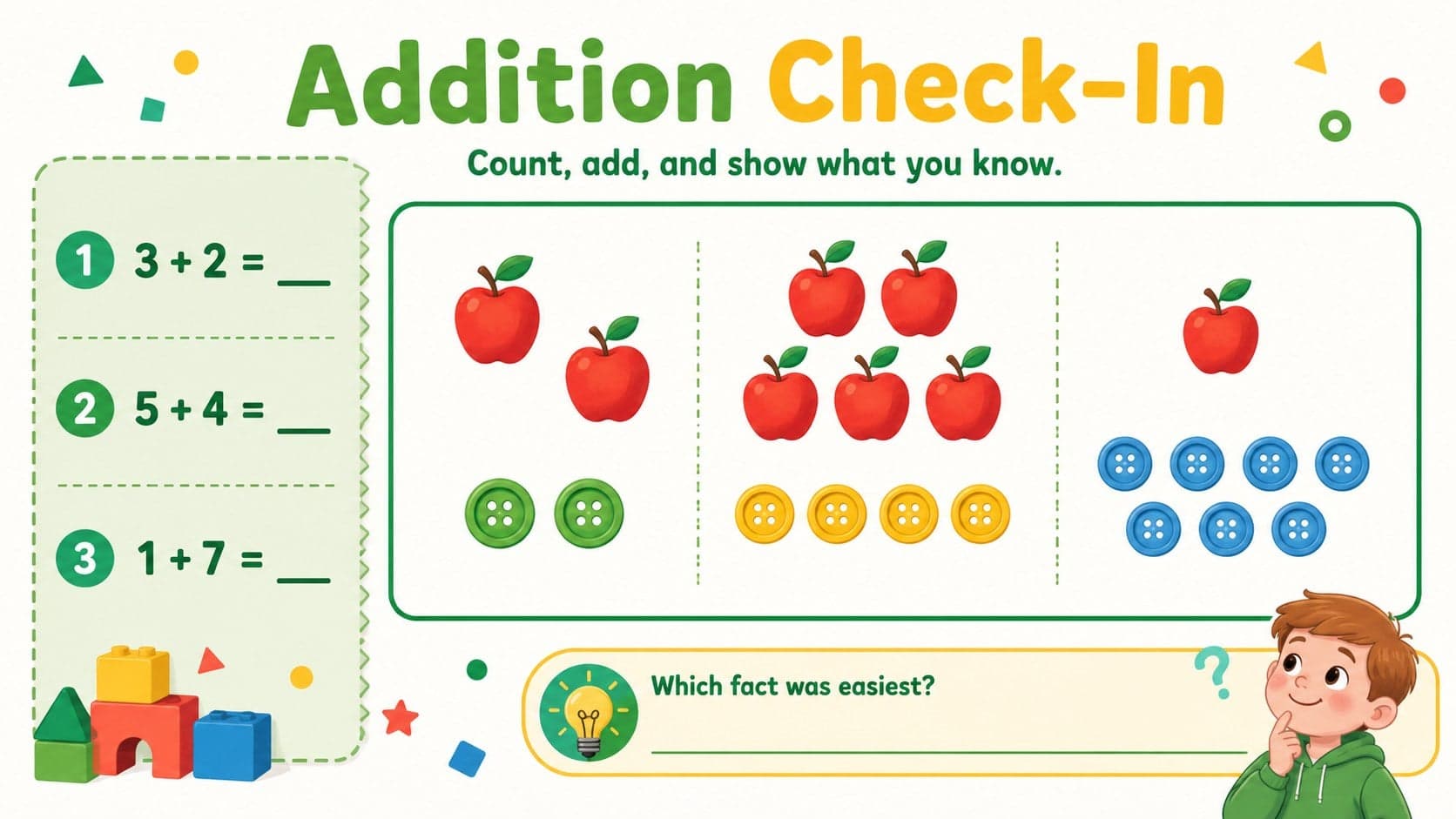 Colorful addition warm-up slide combining picture counting, quick sums, and a learner reflection prompt.