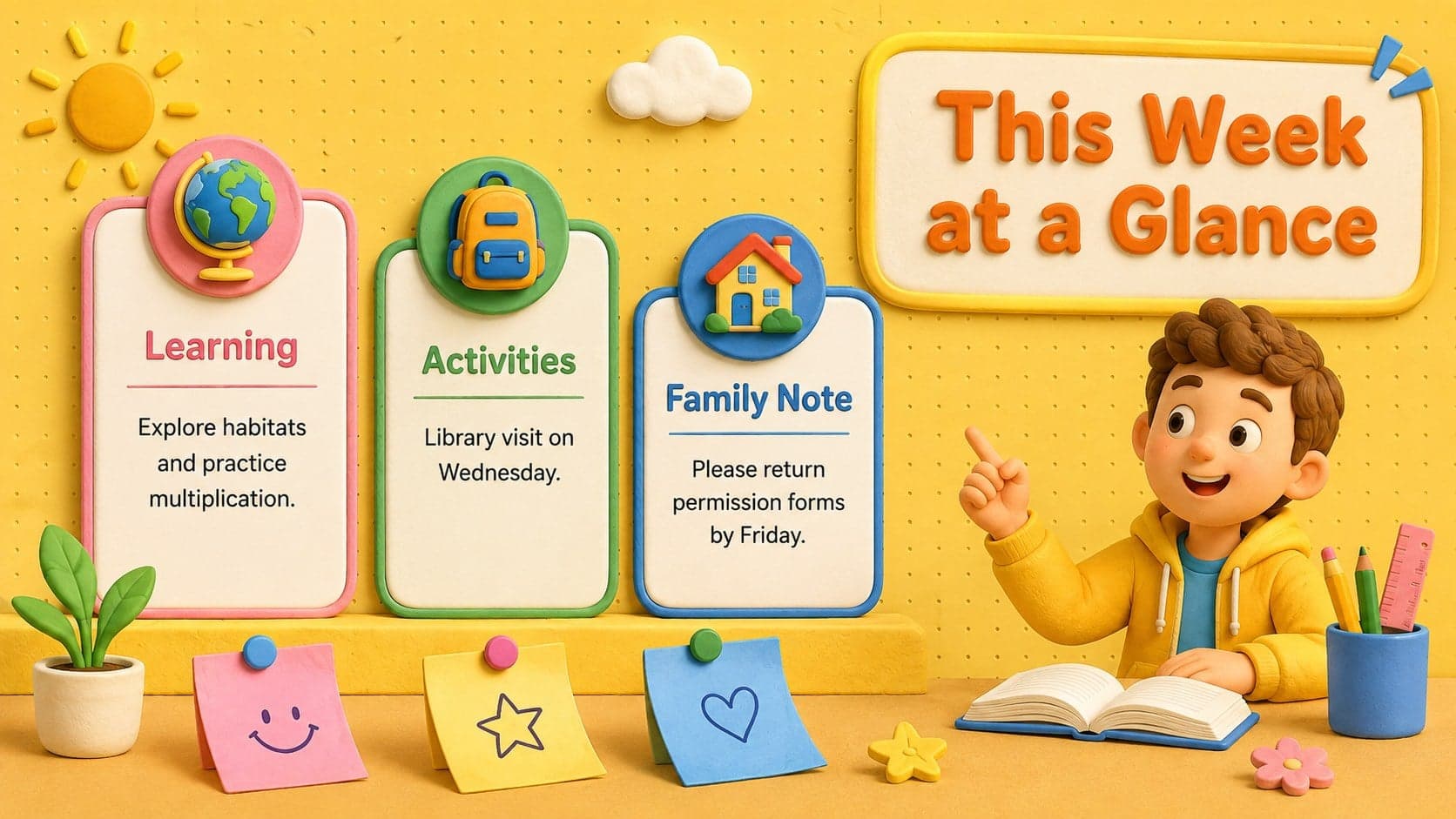 Weekly classroom update template showing priorities, activities, and a family note in yellow 3D style.