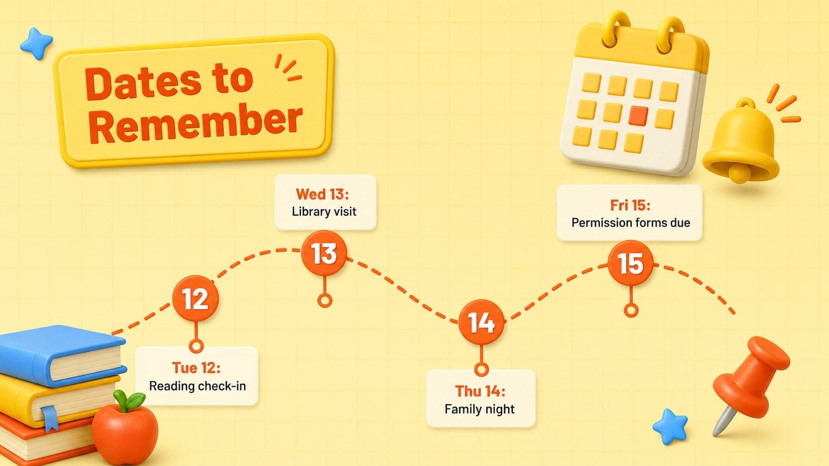 School bulletin slideshow page with colorful 3D calendar tiles for important classroom dates.
