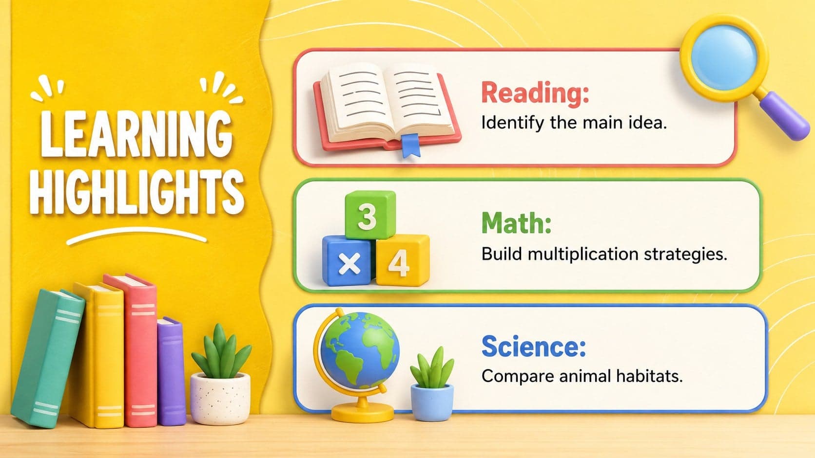 Parent communication presentation slide summarizing current reading, math, and science lessons.