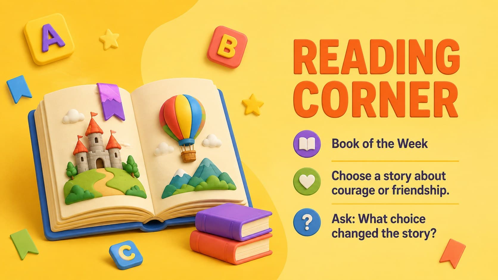 Yellow teacher weekly bulletin template featuring a classroom reading recommendation and discussion prompt.