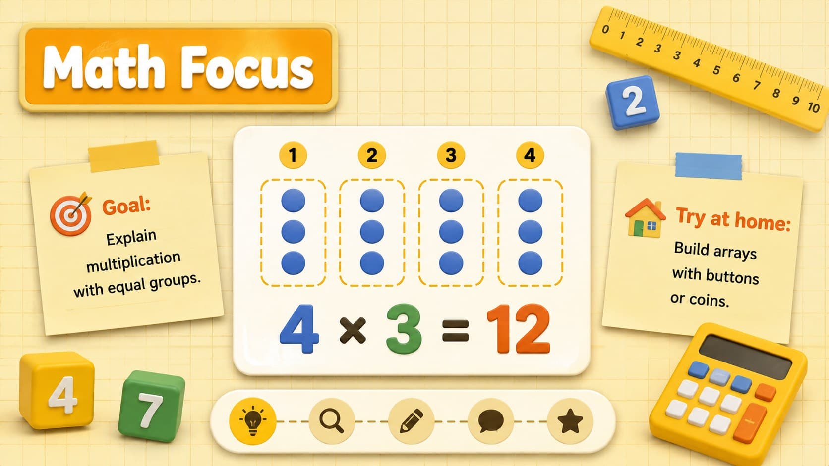 Editable family newsletter slide presenting a multiplication lesson and simple home practice idea.