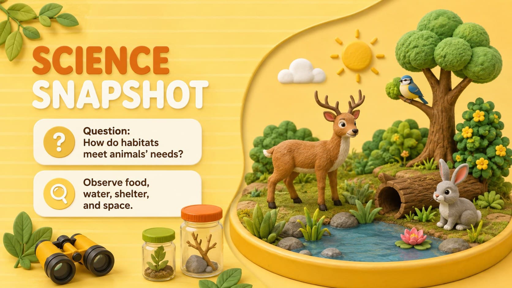 Elementary classroom announcement slide highlighting a hands-on animal habitat science activity.