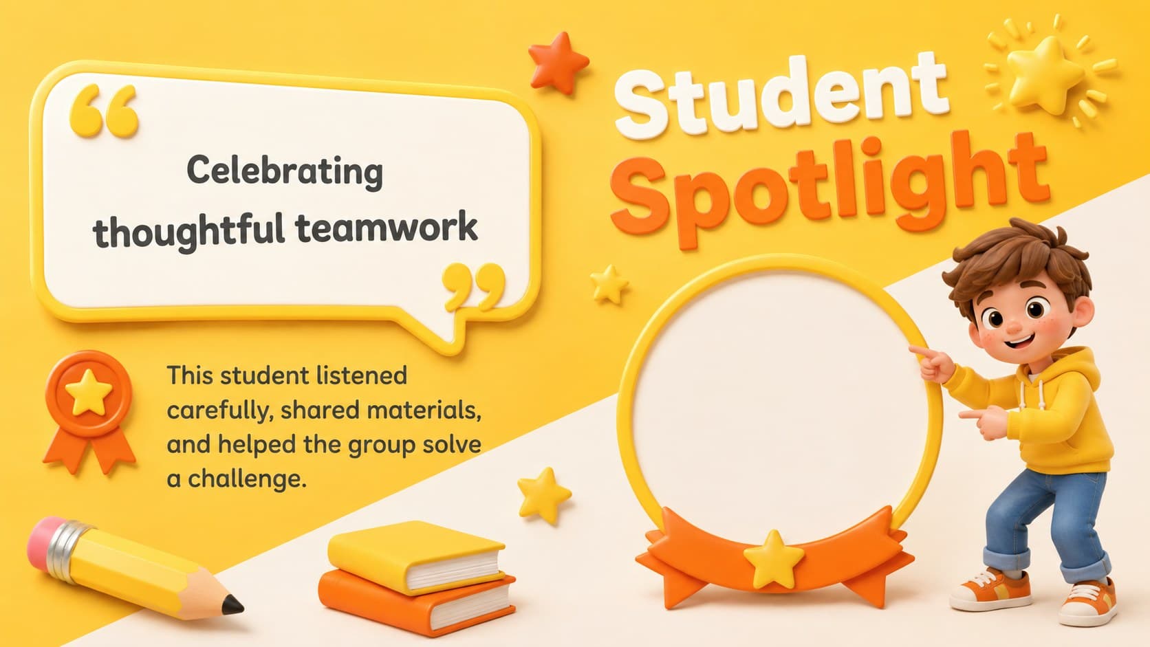 Bright school family update presentation slide with a customizable student achievement spotlight.