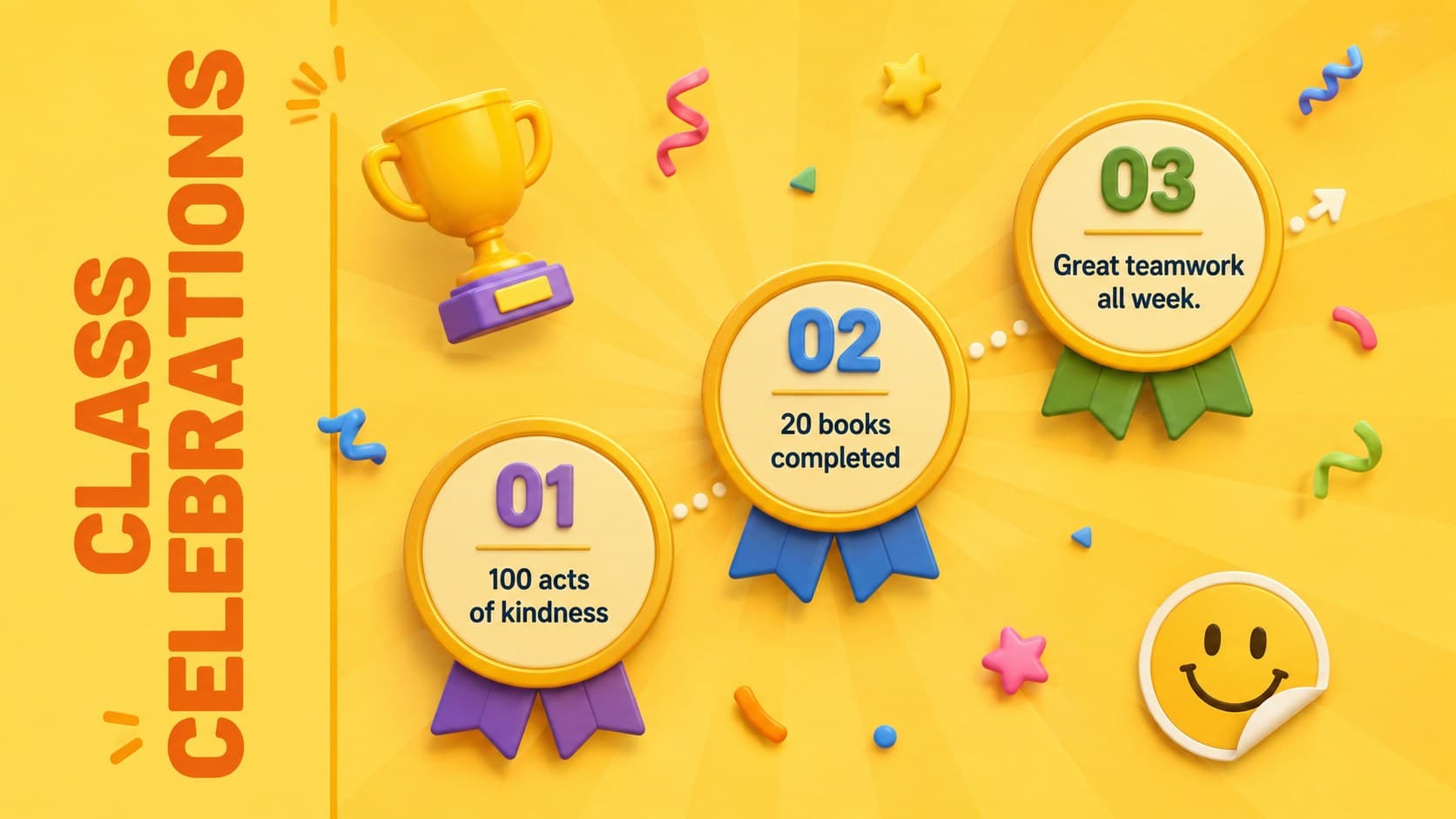 Yellow 3D education template slide celebrating class kindness, reading progress, and teamwork.