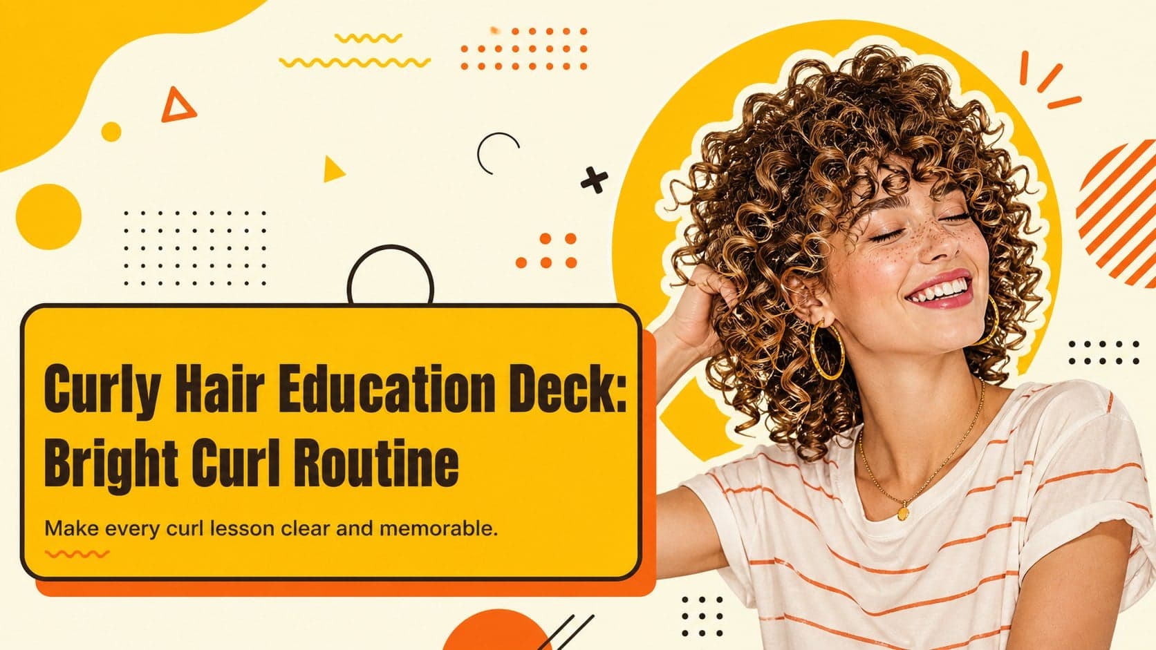 Bright yellow and orange cover for a curly hair education deck with expressive curl illustrations and geometric accents.
