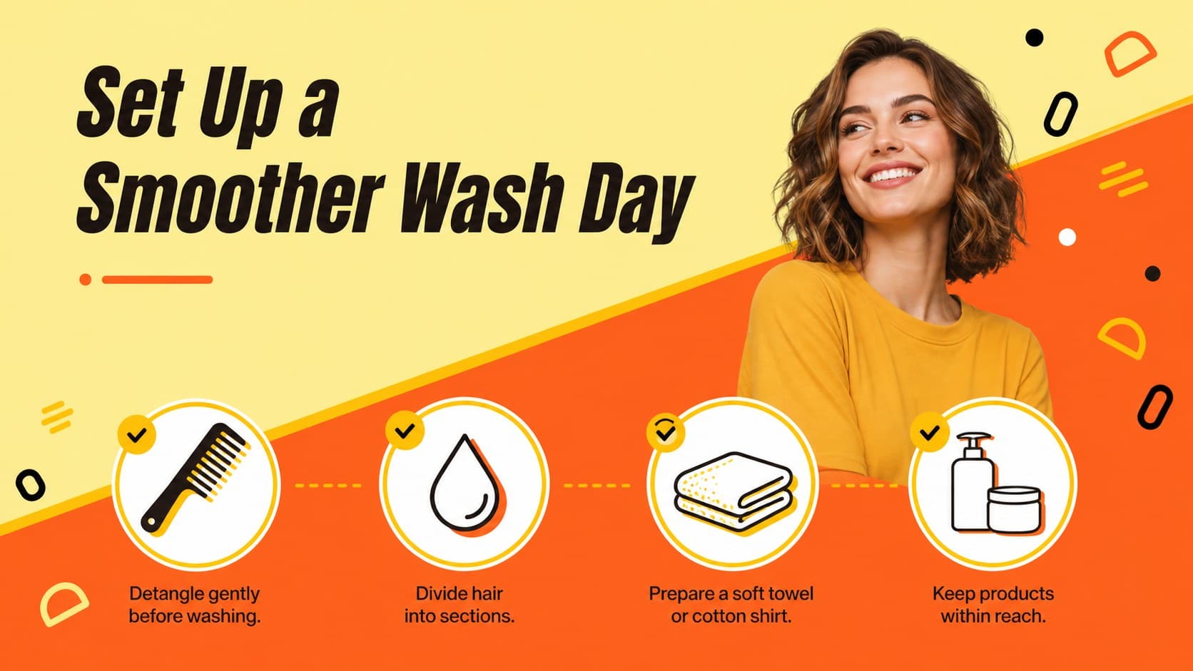 Wash day presentation template slide with a four-step preparation checklist for curly hair.