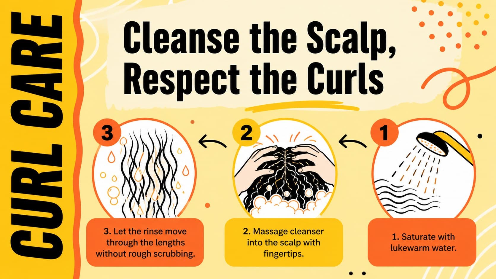 Curly hair education slide showing a gentle cleansing sequence with scalp-focused care tips.