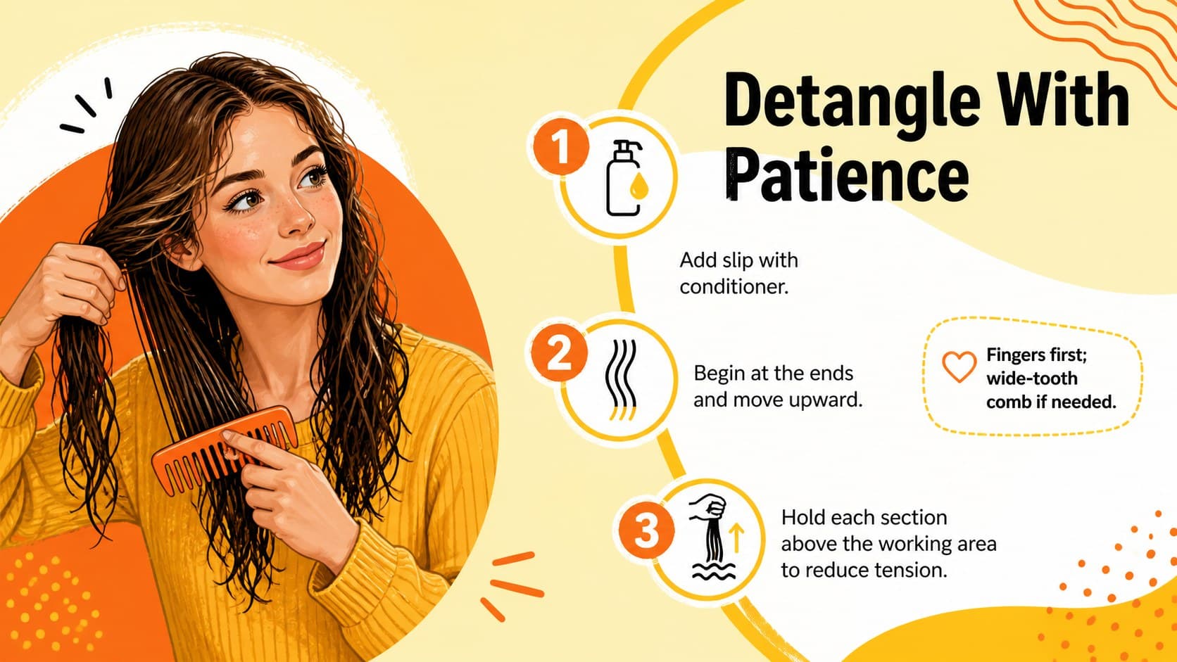 Curl care training slide presenting a gentle detangling method from ends to roots.