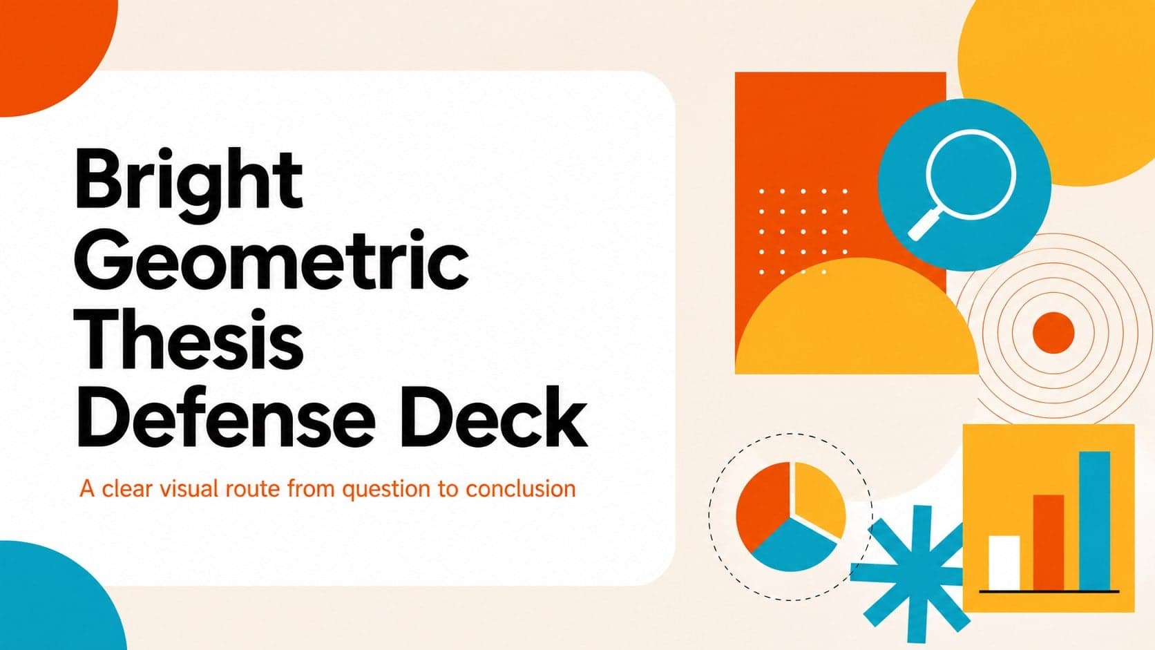 Colorful academic research presentation cover with a geometric title composition for a bright geometric thesis defense deck.