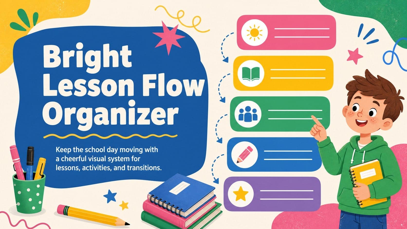Cover slide for a bright lesson flow organizer featuring a colorful classroom planning layout.