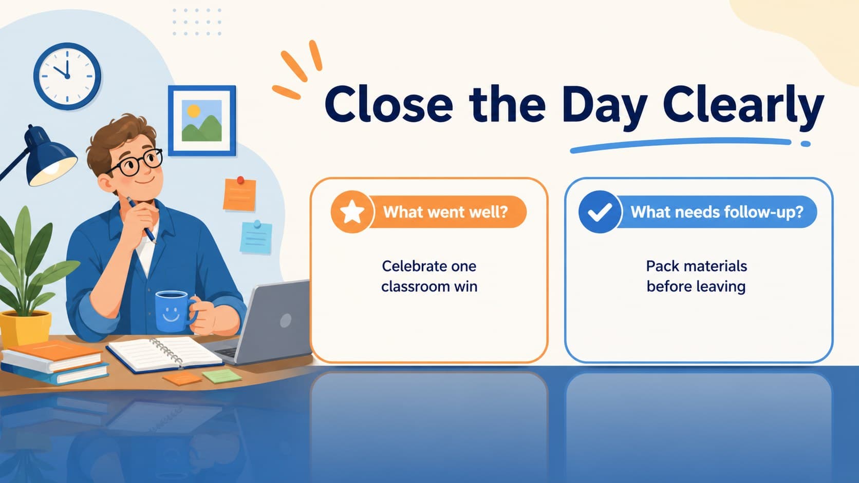 Visual lesson schedule Google Slides page with end-of-day reflection prompts and tomorrow’s preparation notes.