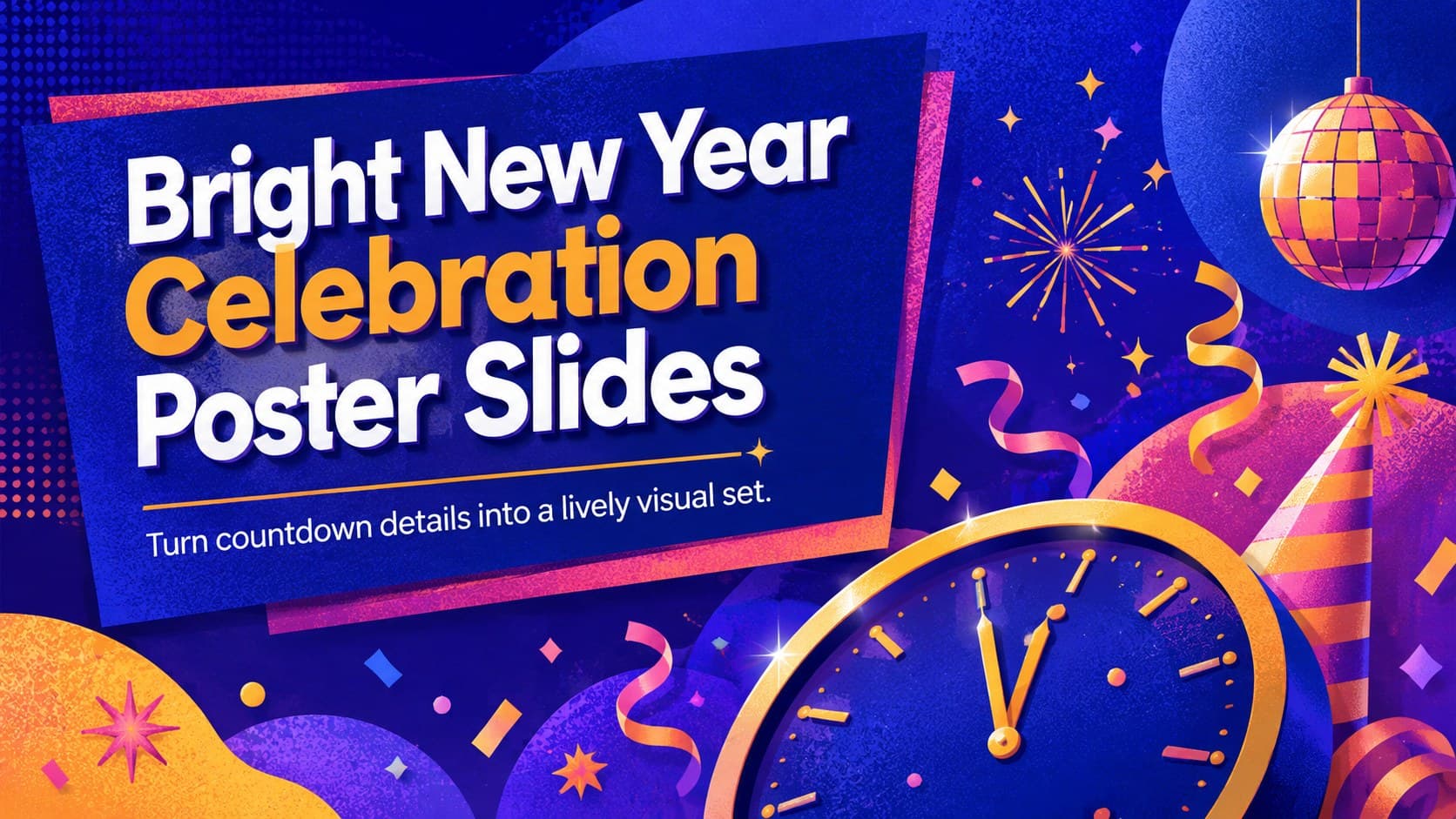 Colorful cover for Bright New Year Celebration Poster Slides with playful typography and festive countdown decorations.