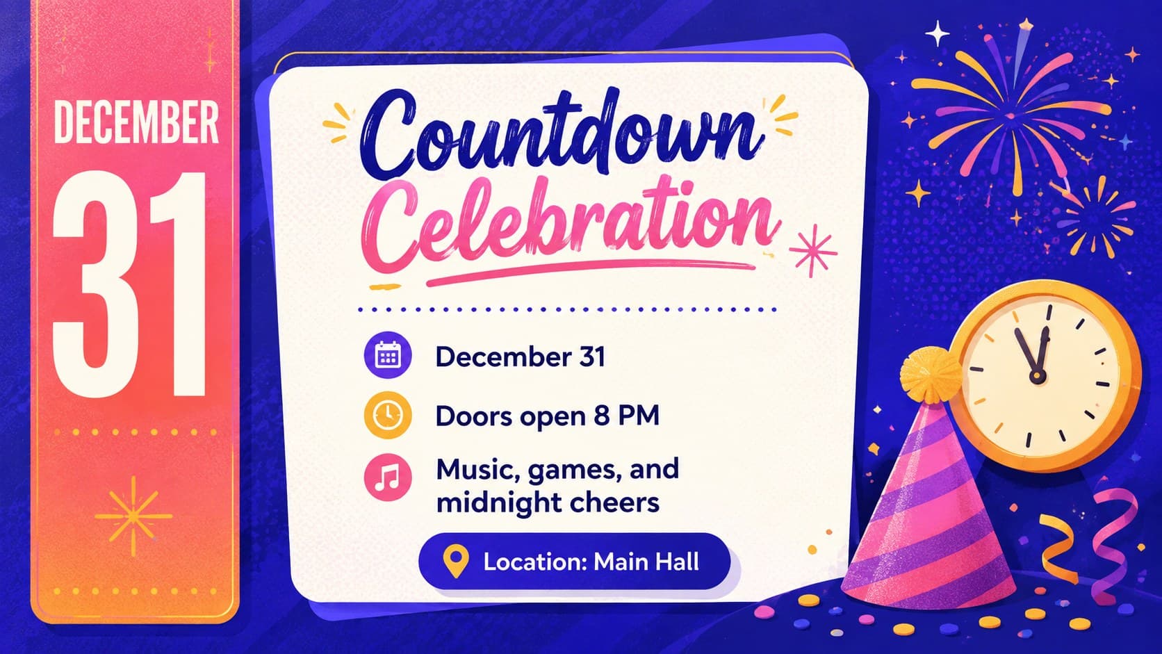 Editable New Year event poster showing countdown time, venue details, and a festive program in a colorful layout.