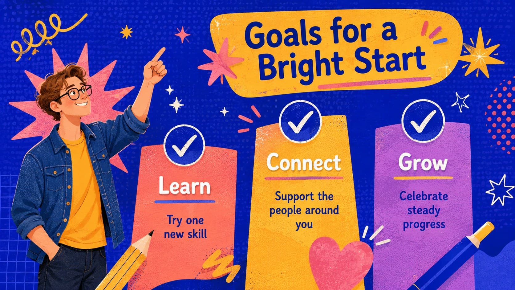 New Year resolution slide for school or team planning with three colorful goal sections and playful illustrations.