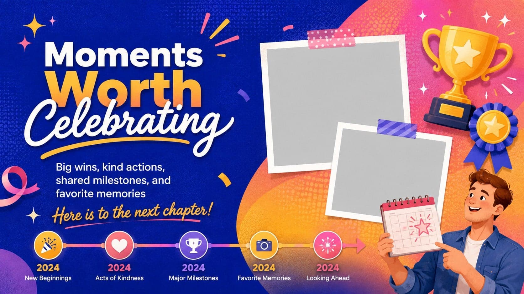Festive New Year recap presentation layout featuring achievement highlights, photo spaces, and a closing message.