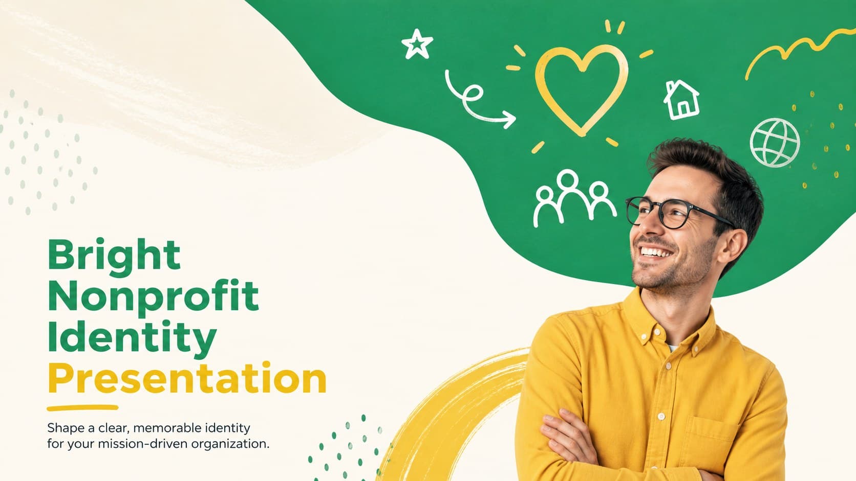 Cover of a bright nonprofit identity presentation with yellow and green abstract doodles.