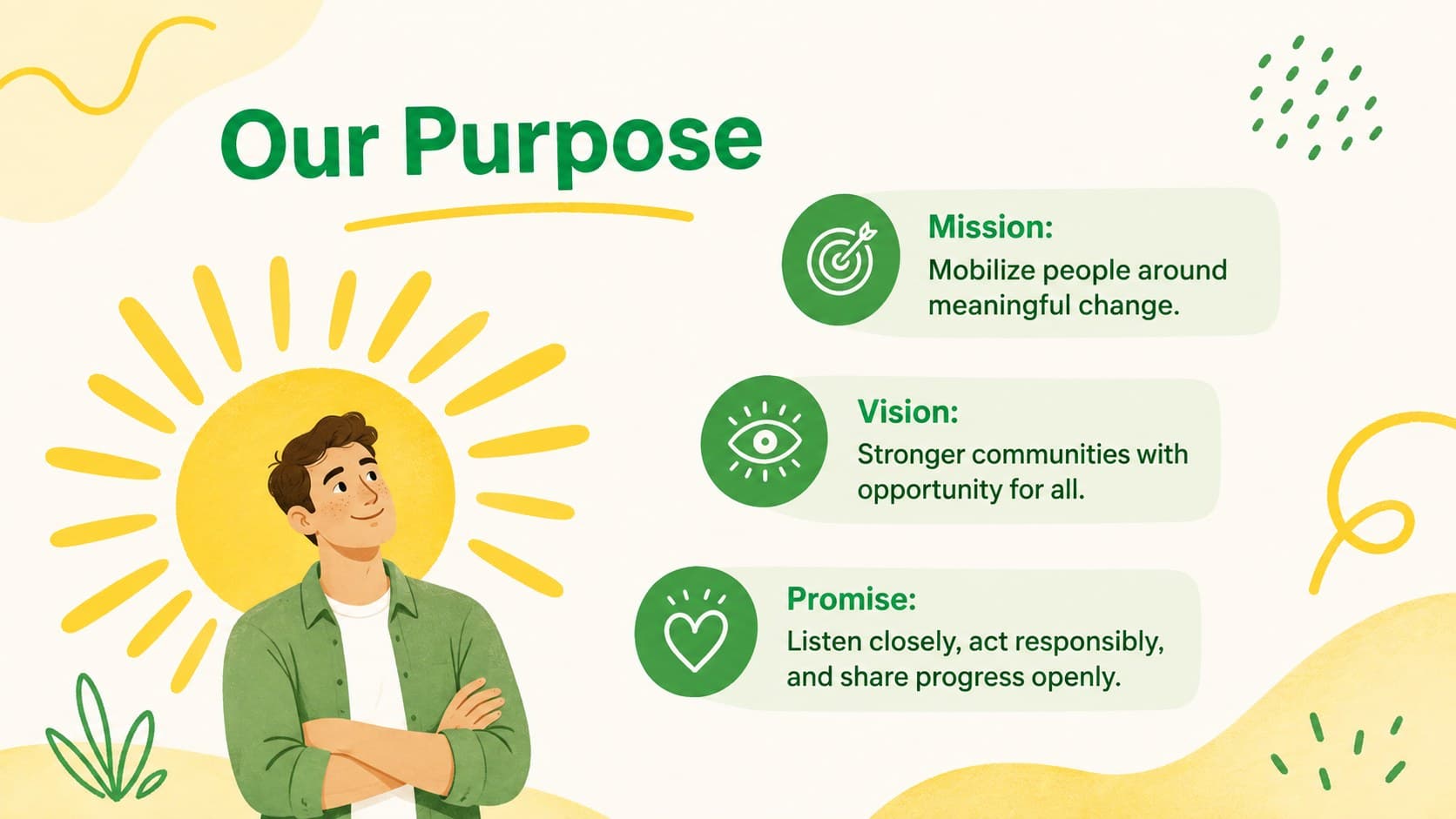 Nonprofit mission slide presenting purpose, vision, and promise in a modern doodle layout.