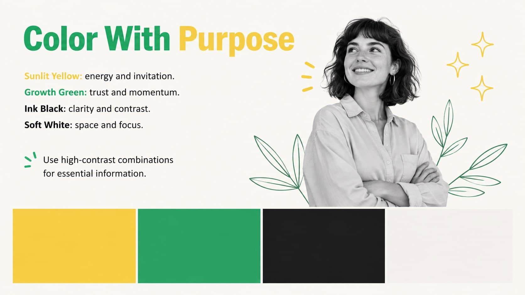Yellow and green nonprofit color palette slide with usage guidance and accessible contrast notes.
