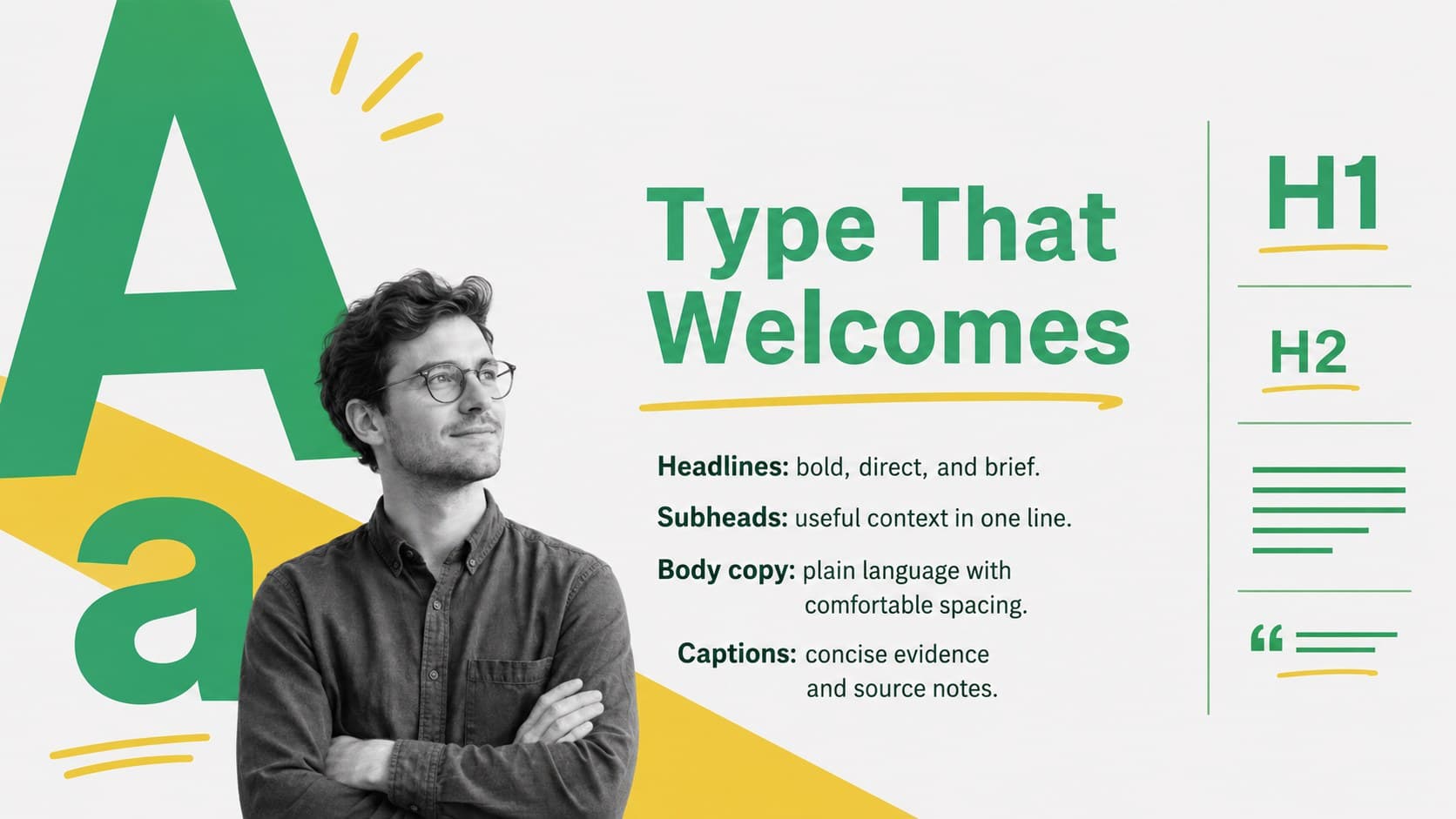 Typography guidance slide for a clear and approachable nonprofit visual identity.