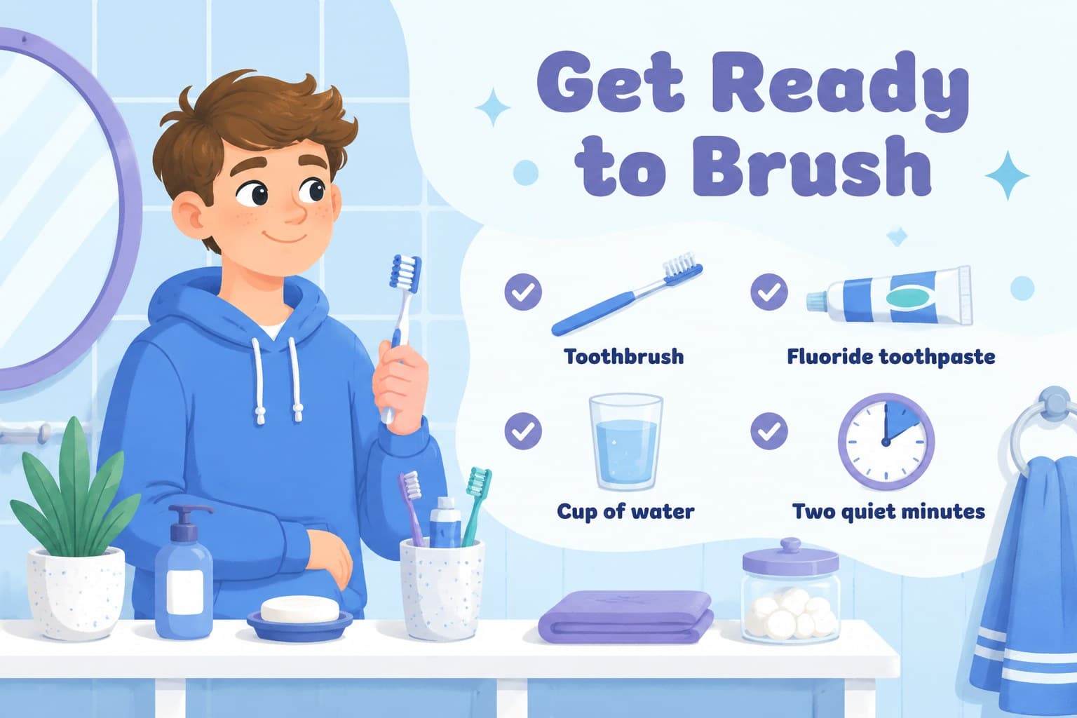 Kids oral care presentation slide displaying a toothbrush, toothpaste, cup, and preparation checklist.