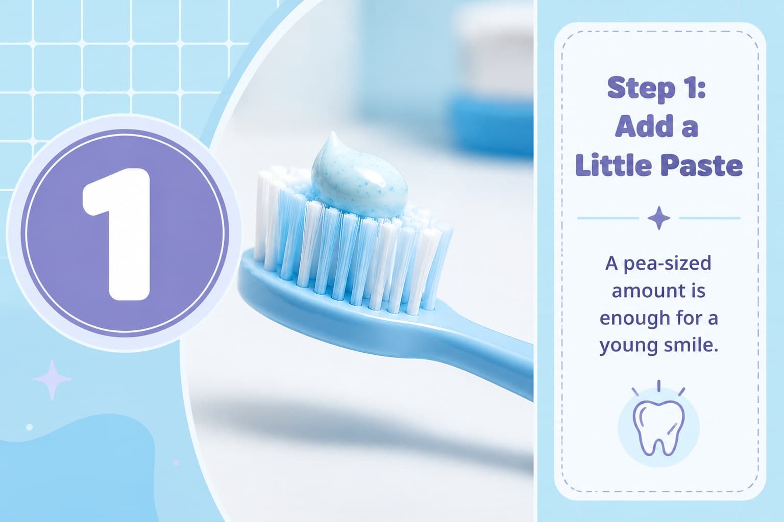 Tooth brushing classroom activity slide showing the first step of placing a small amount of toothpaste.