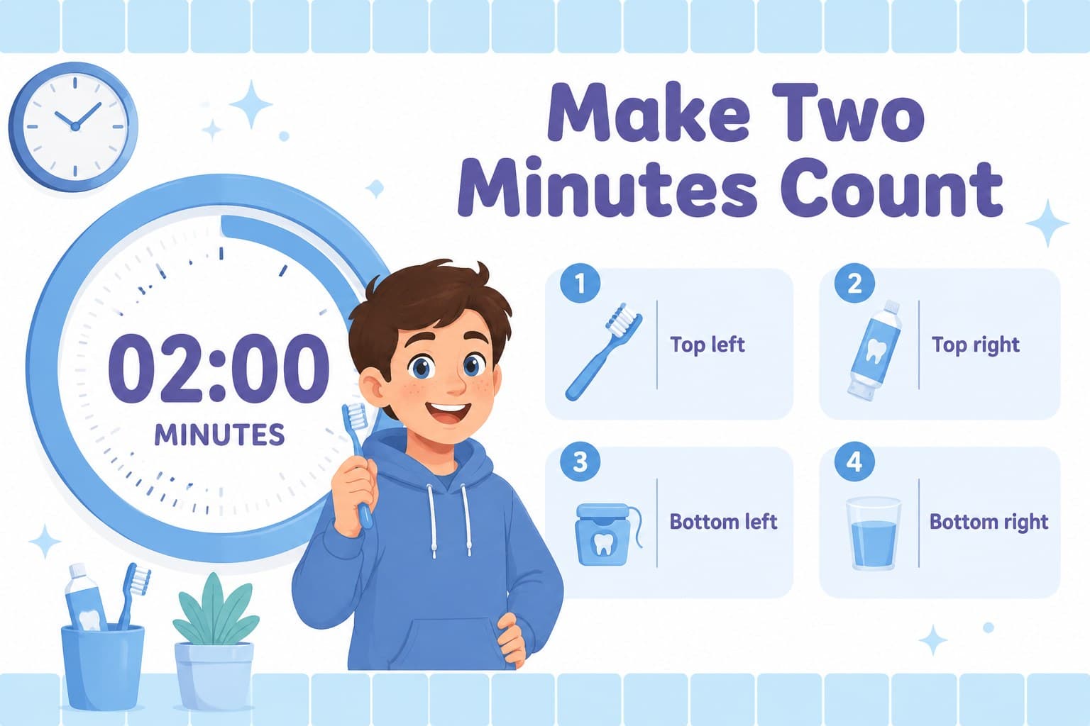 Editable dental health presentation slide featuring a two-minute brushing timer and progress markers.