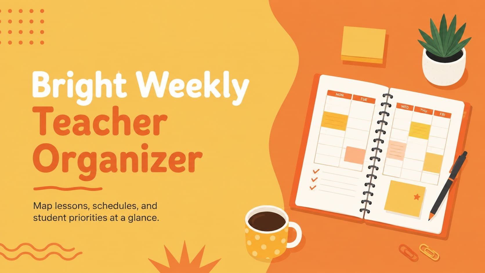 Cover of the Bright Weekly Teacher Organizer with sunny yellow and orange classroom illustrations.