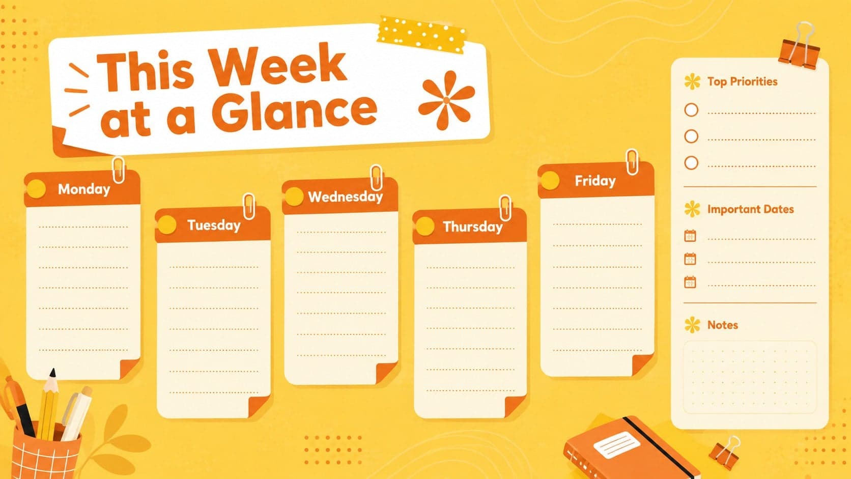 Weekly teacher organizer overview with five weekday columns and a priorities panel.