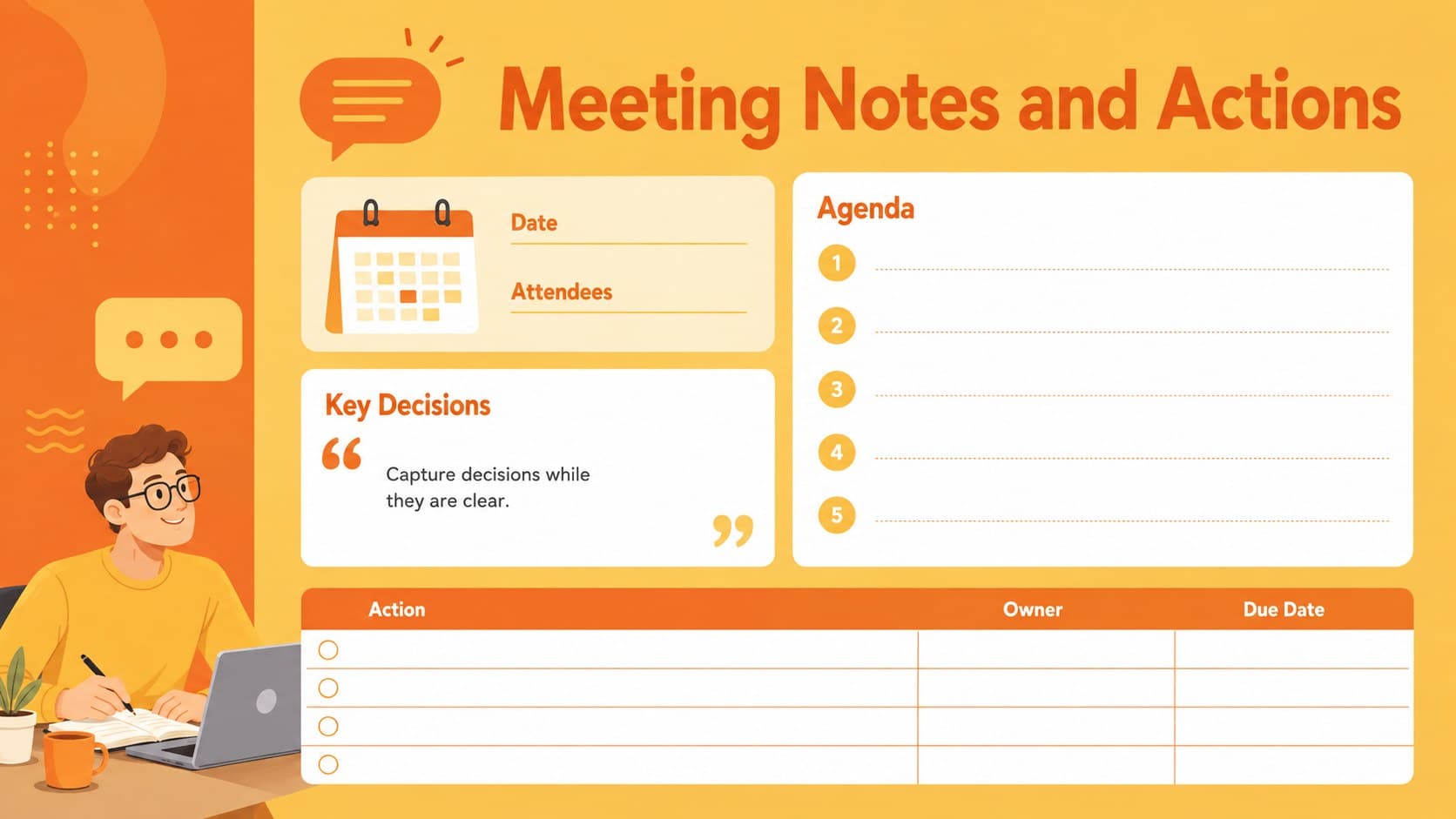 Teacher meeting planner with agenda, decisions, responsibilities, and follow-up dates.