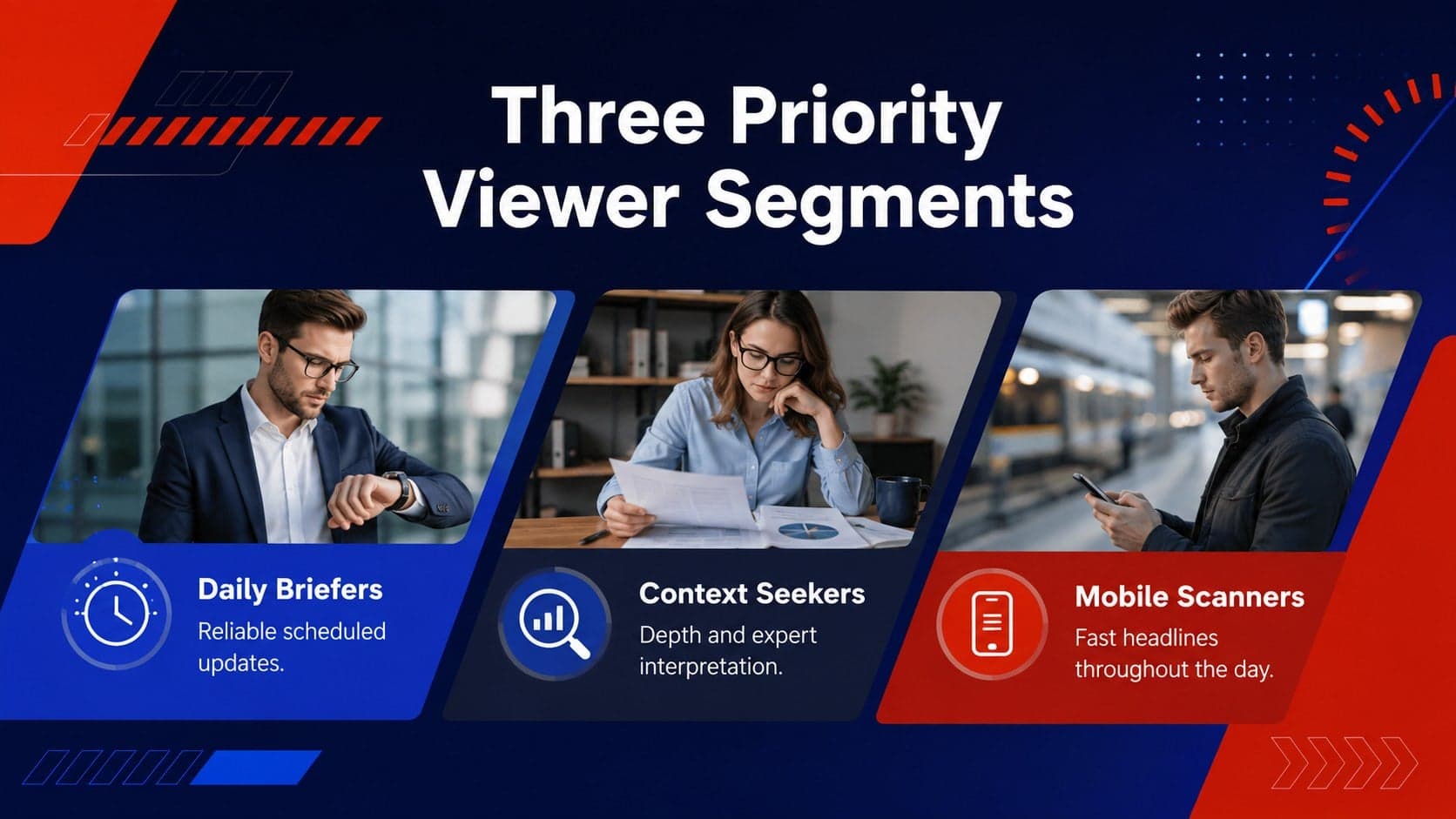 Television audience segmentation slide comparing three distinct viewer groups.