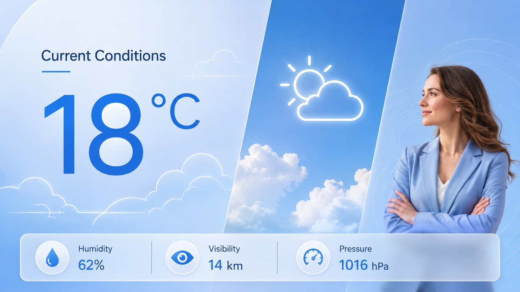 Current conditions weather slide showing temperature, humidity, visibility, and pressure data.