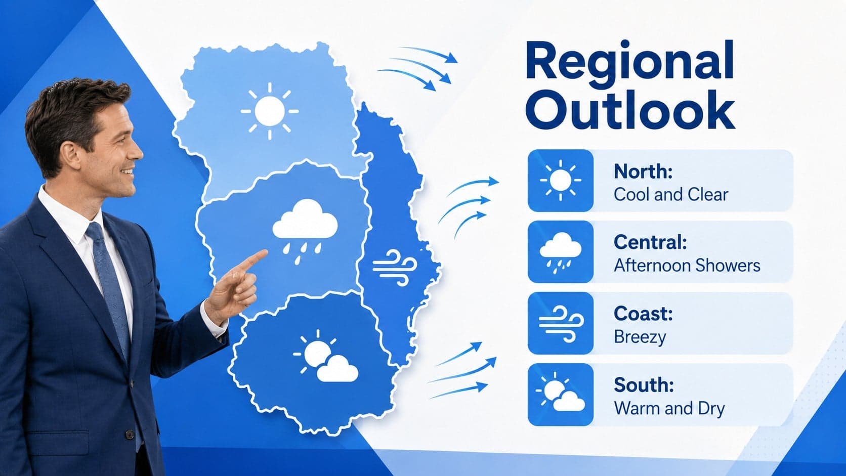 Regional weather map slide presenting conditions across northern, central, coastal, and southern areas.