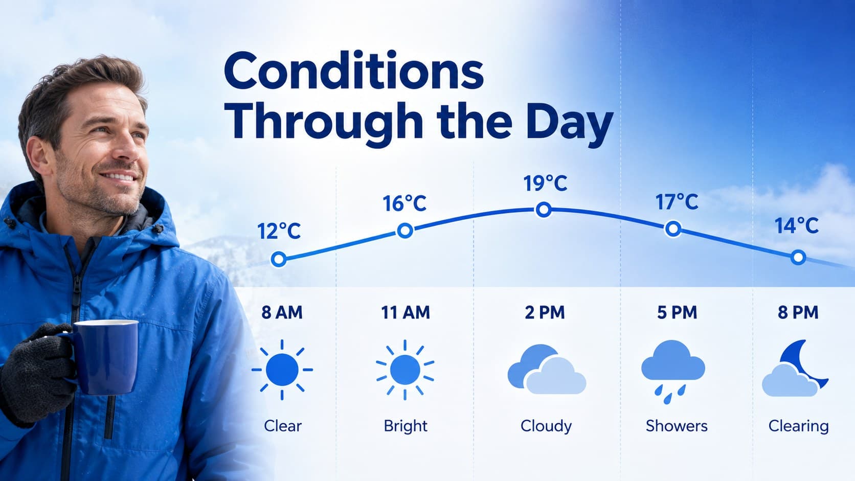 Hourly weather forecast timeline with changing temperatures and conditions from morning through evening.