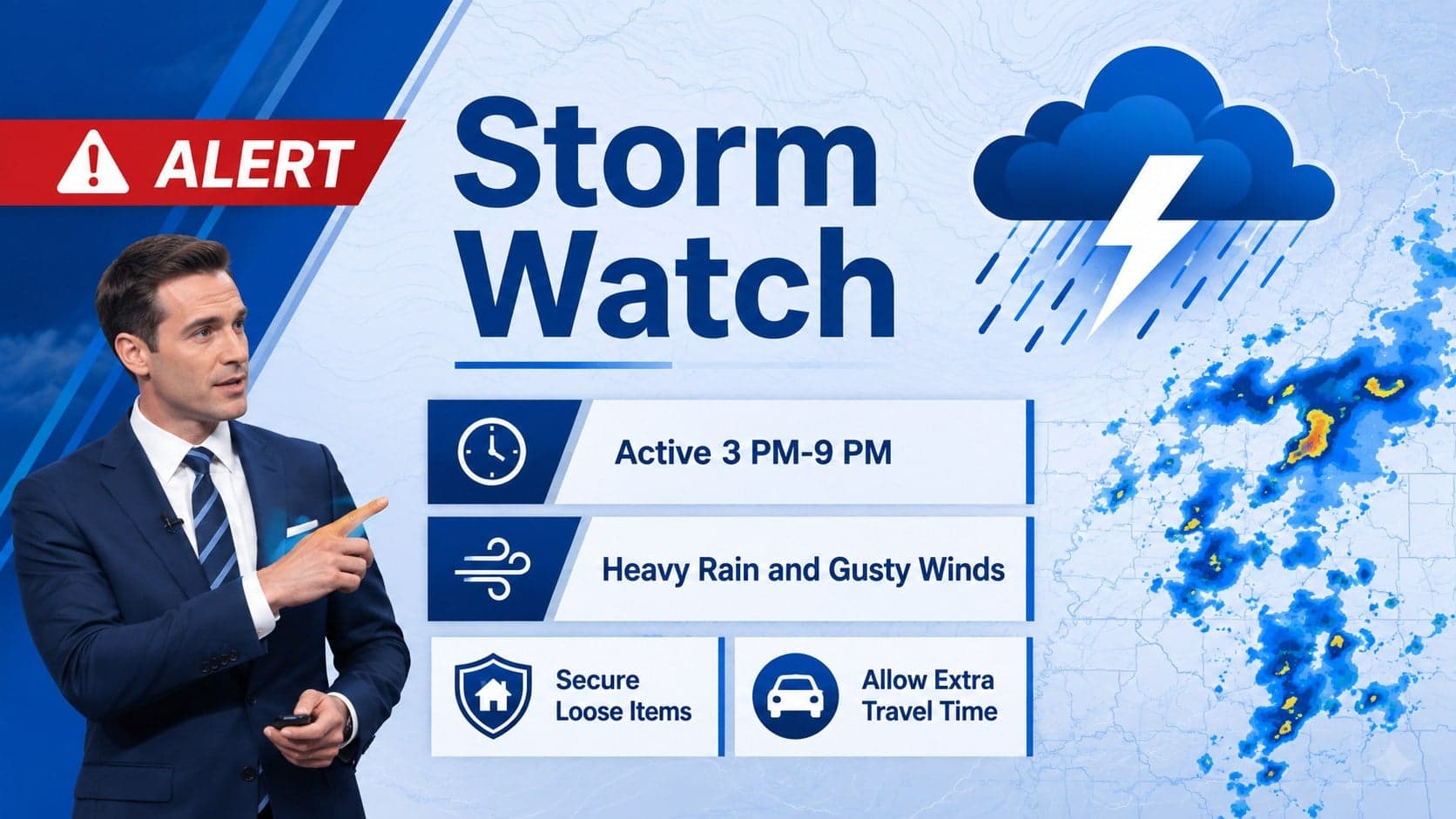Professional severe weather alert slide highlighting a storm watch and recommended actions.