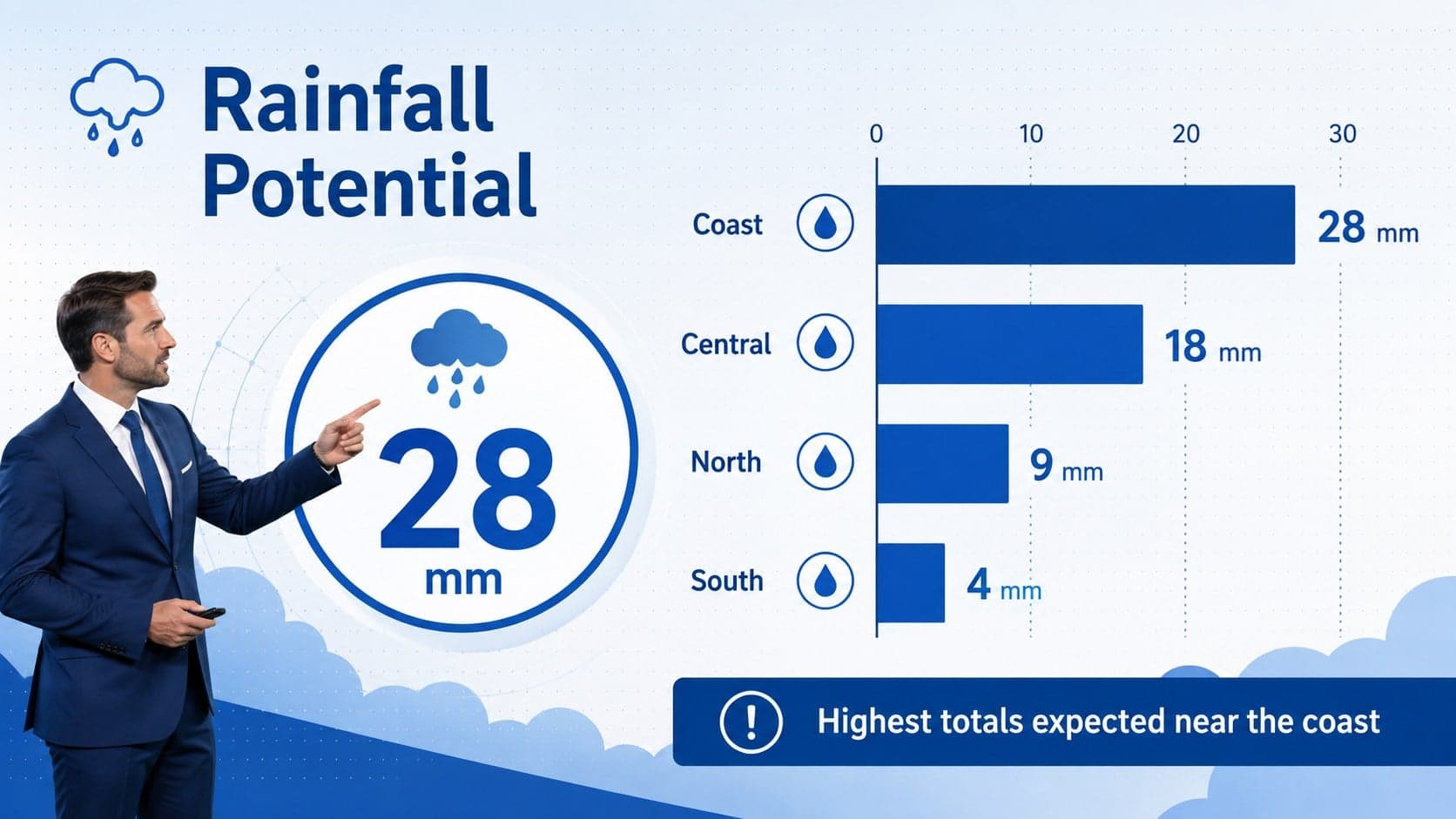 Precipitation forecast chart showing expected rainfall amounts across four regions.